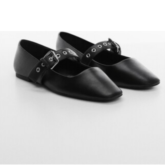 Mango Shoes - Mango MNG Chic Black Flats with Studded Buckle Accent Maryjane Flats